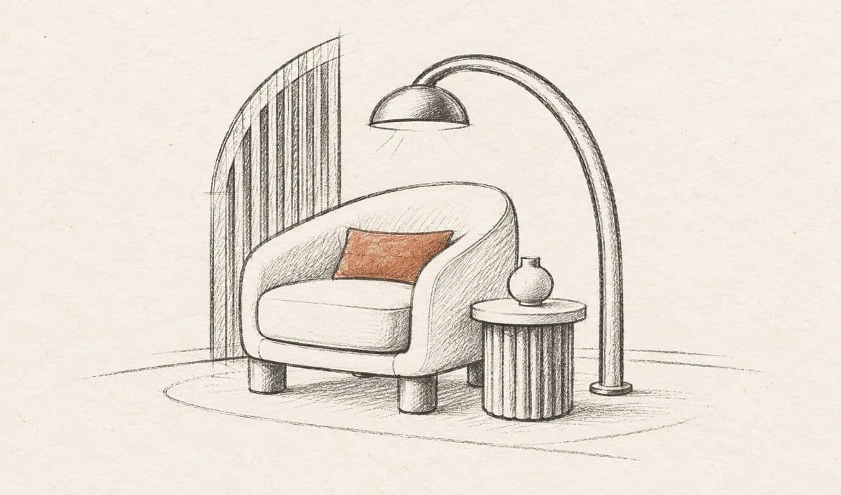Pencil sketch of an armchair, side table and arc lamp