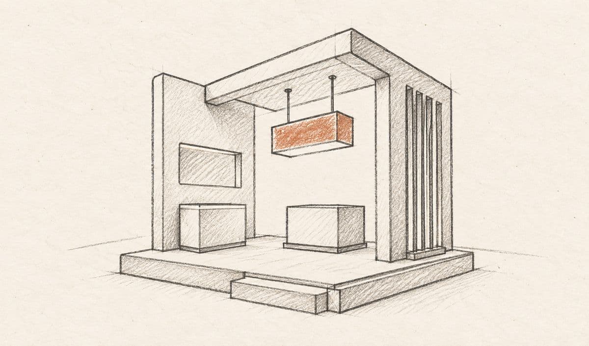 Pencil sketch of an exhibition booth