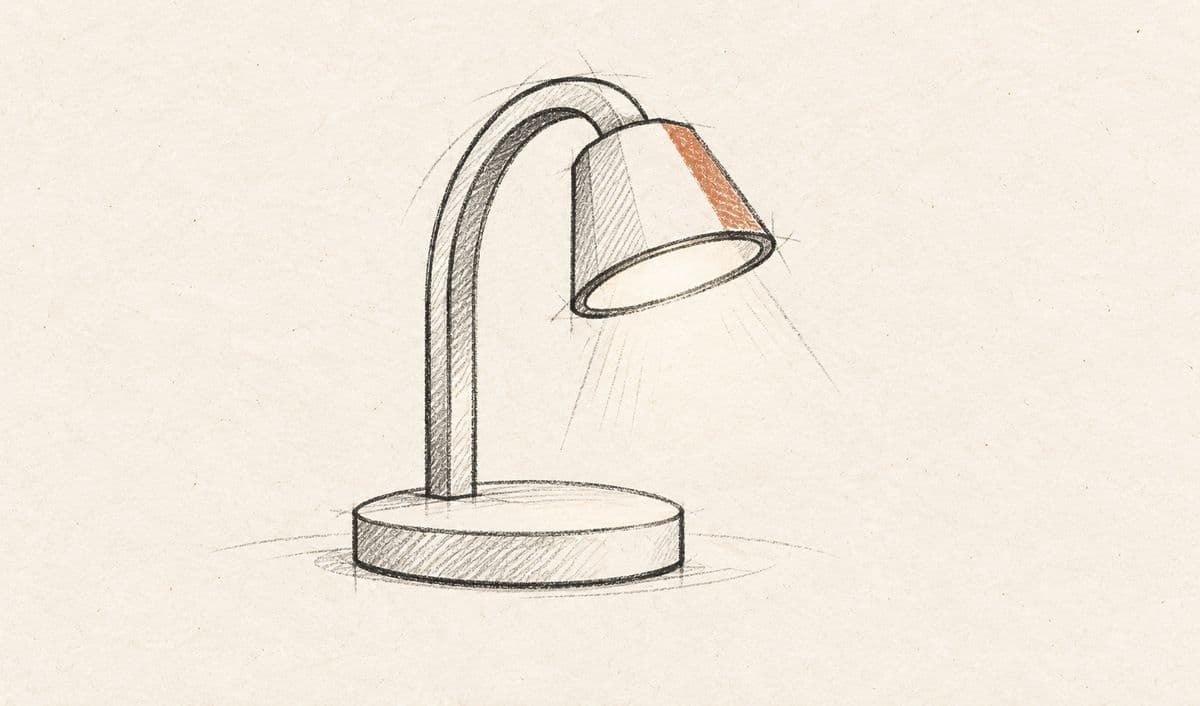 Pencil sketch of a desk lamp with a terracotta shade